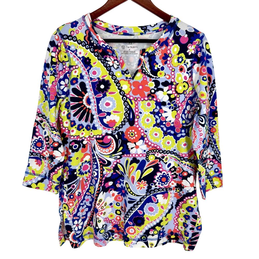 T by Talbots UPF 50 Sz Medium Vibrant Floral Blouse Shirt Top UV Sun Summer